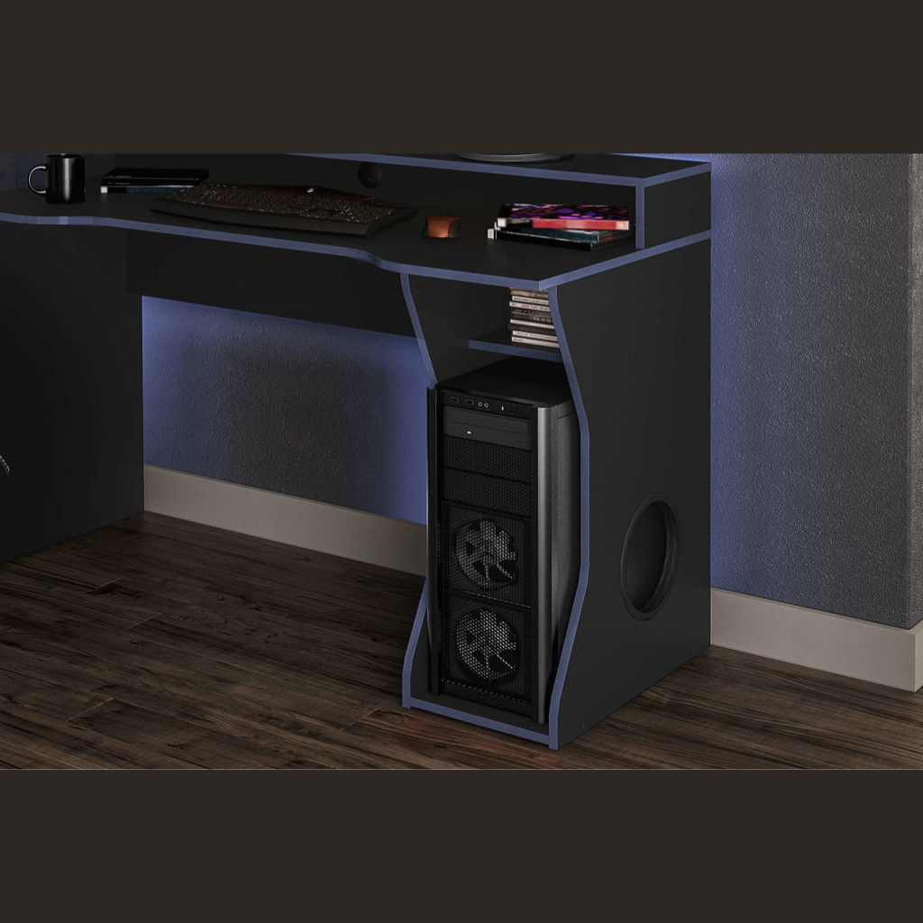 Enzo Gaming Computer Desk Black & Blue Zoomed Leg View