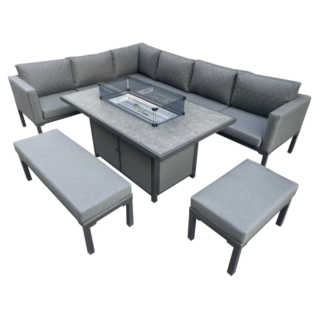 10 Seat Outdoor Grey Dining Set with Gas Firepit Dining Table