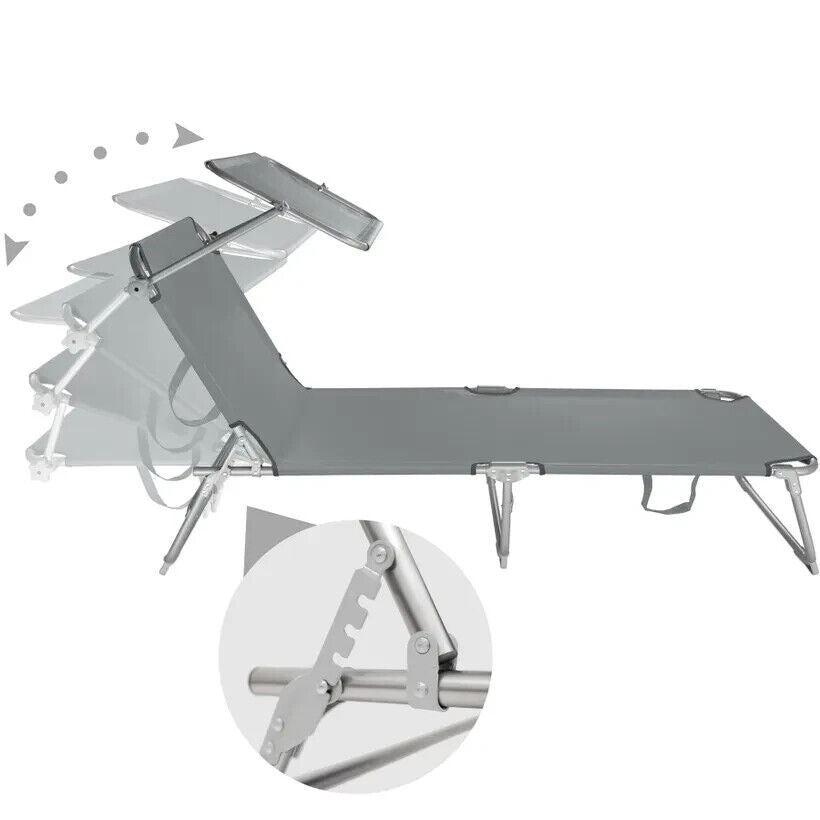 Grey Folding Sun Lounger With Adjustable Shade Canopy