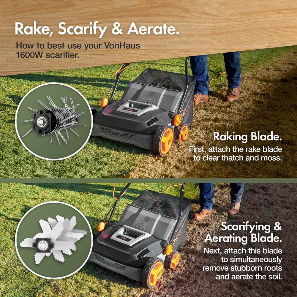 1600W Electric Lawn Aerator & Scarifier Moss Remover Garden Tool