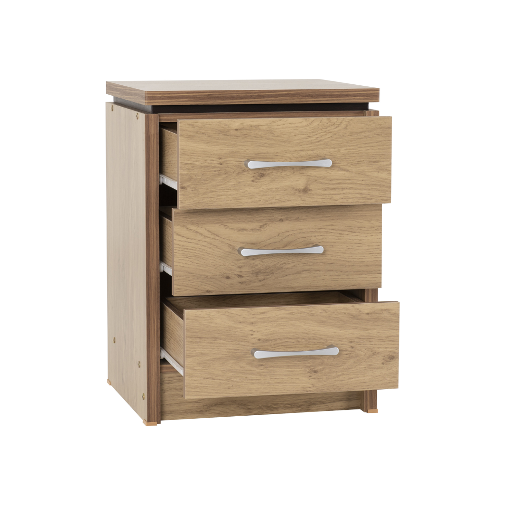Charles 3 Drawer Bedside Chest in Oak Effect Walnut Trim