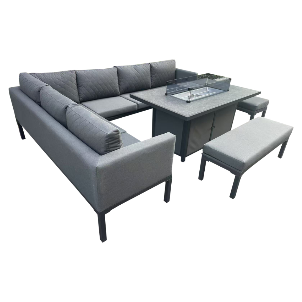 10 Seat Outdoor Grey Dining Set with Gas Firepit Dining Table