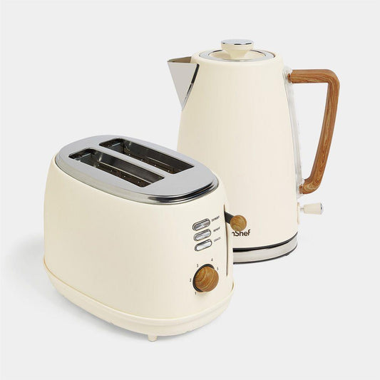 Cream & Wood Kettle & Toaster Set