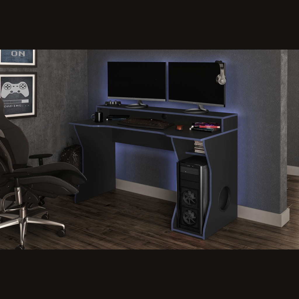 Enzo Gaming Computer Desk Black & Blue Zoomed Out View