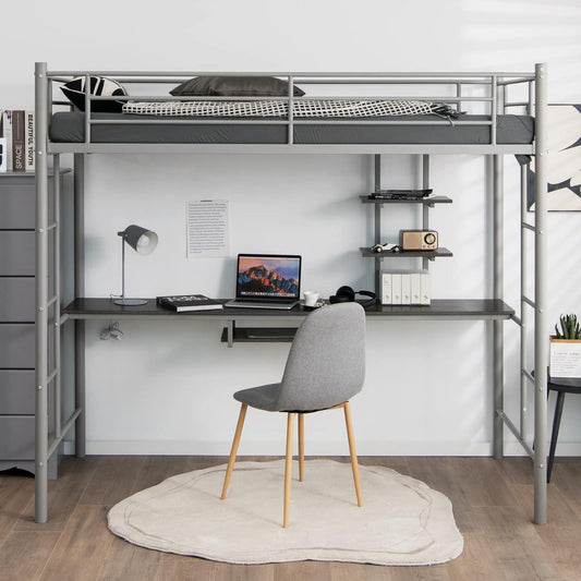 Grey Metal Bunk Bed Frame High Sleeper with Desk Storage Shelves