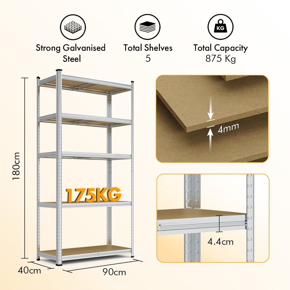 5-Tier Galvanised Steel Shelving Unit - Silver (180 x 90 x 40cm)