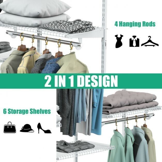 Closet Organiser System with Hanging Rod and Adjustable Metal Rail