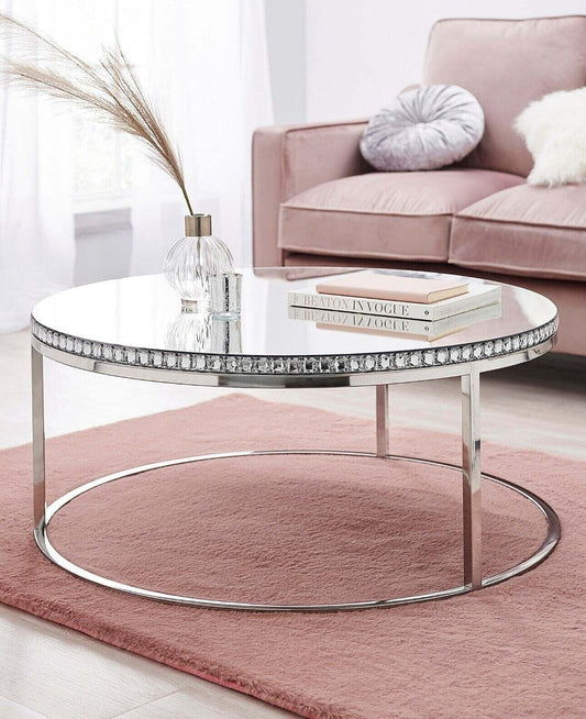 Round Silver Diamanté Detailing Marbella Glass Mirrored Coffee Table