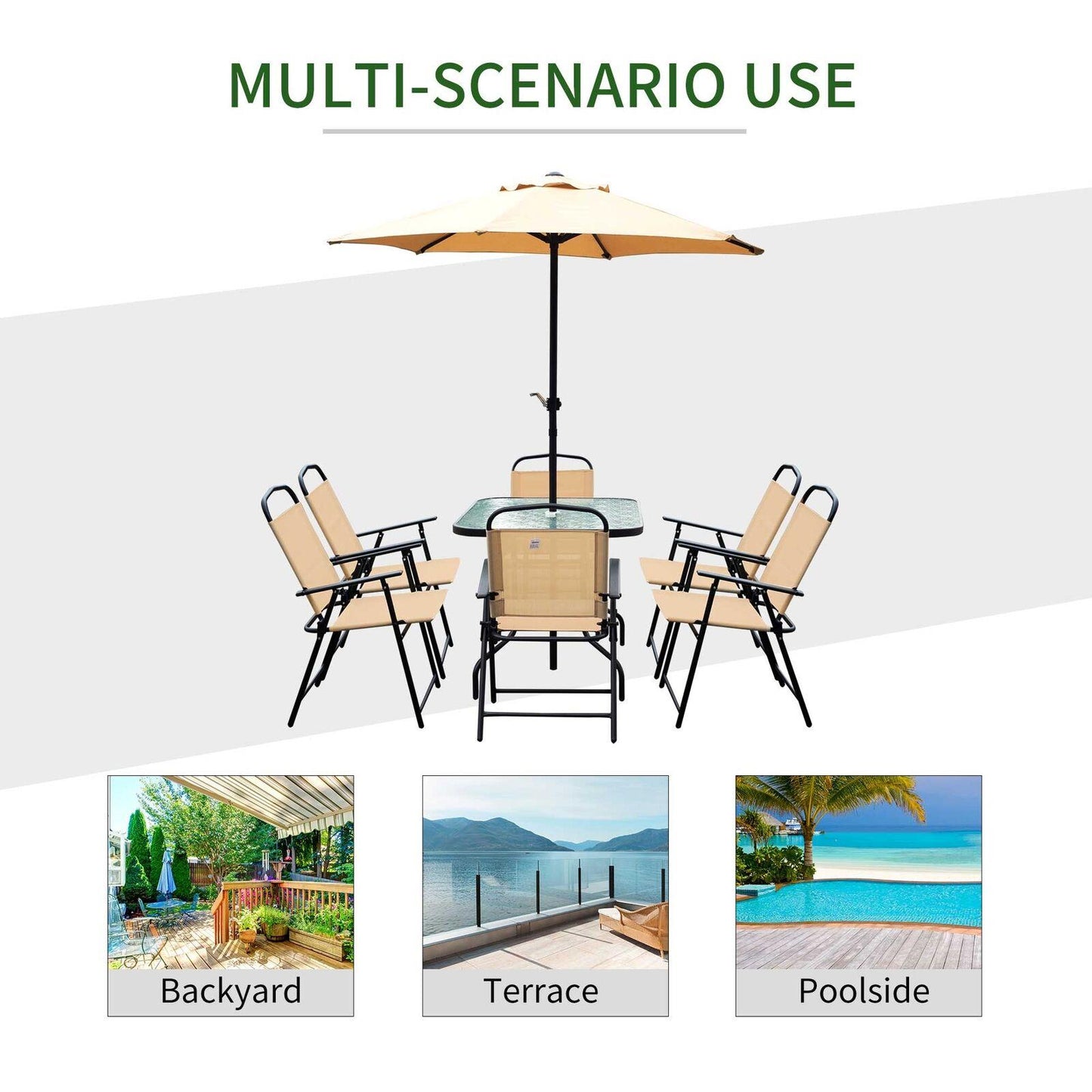 Beige 6 Seater Garden Set with Parasol & Table