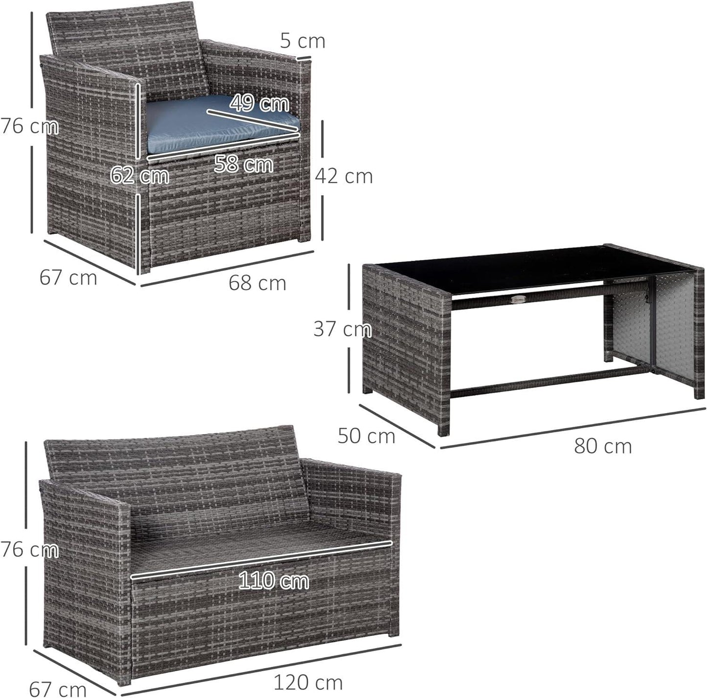 Grey 4 Seater Garden Rattan Set