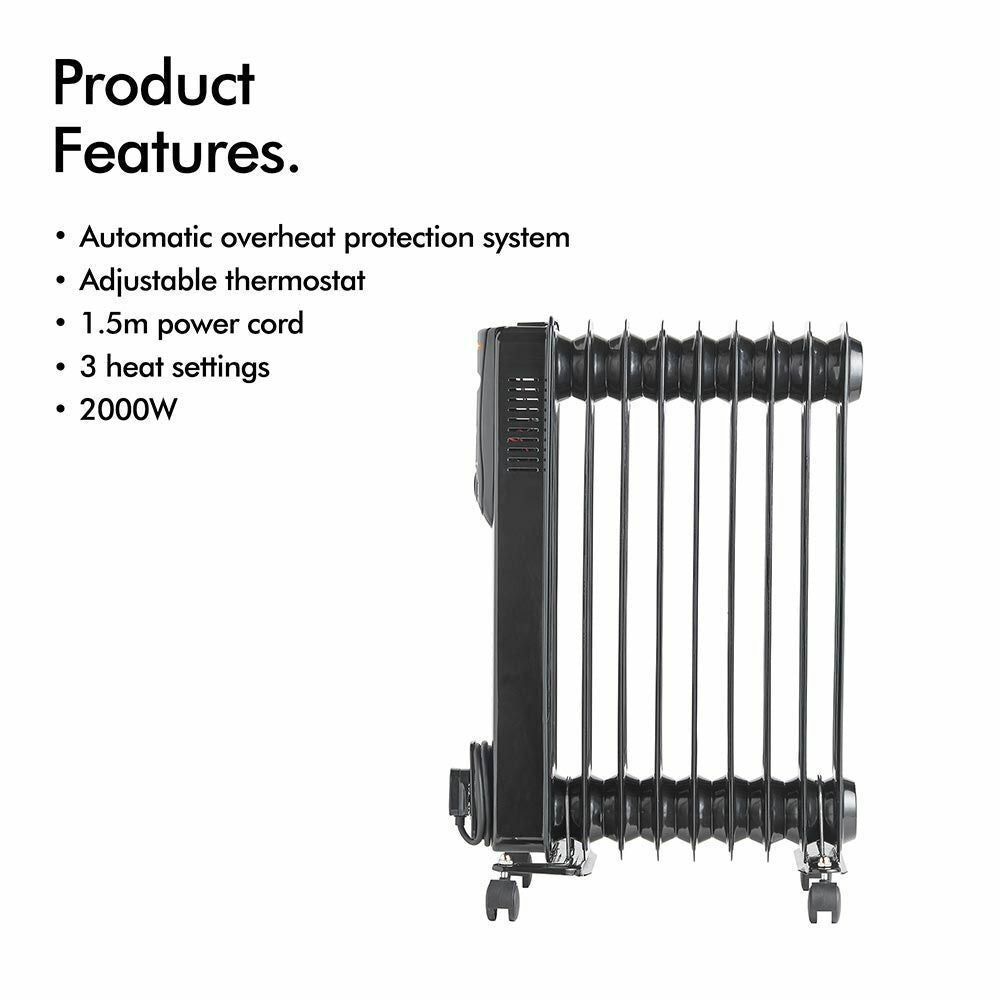 9 Fin 2000W Oil Filled Radiator - Black