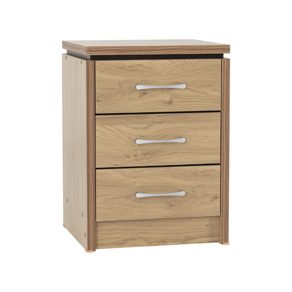 Charles 3 Drawer Bedside Chest in Oak Effect Veneer Walnut Trim