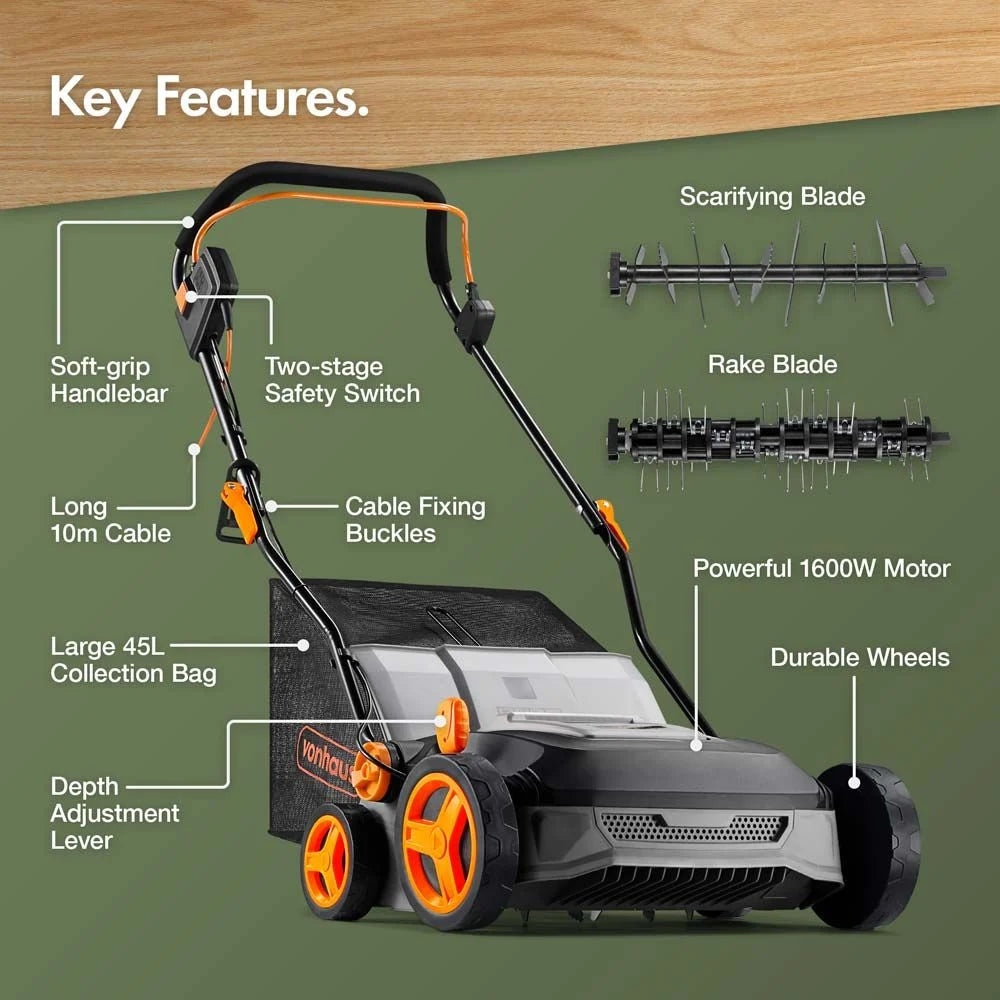 1600W Electric Lawn Aerator & Scarifier Moss Remover Garden Tool