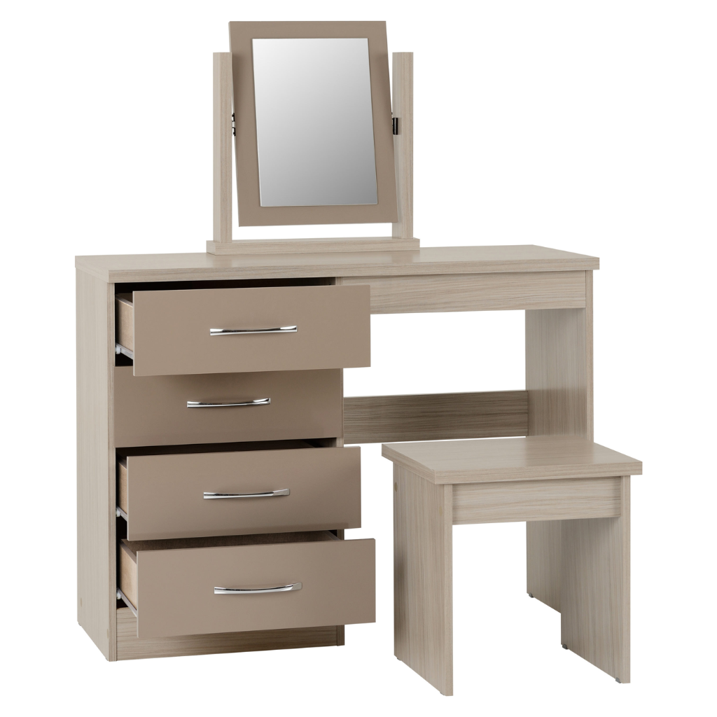 Nevada 4 Drawer Dressing Table Set Grey Gloss/Light Oak Effect Veneer