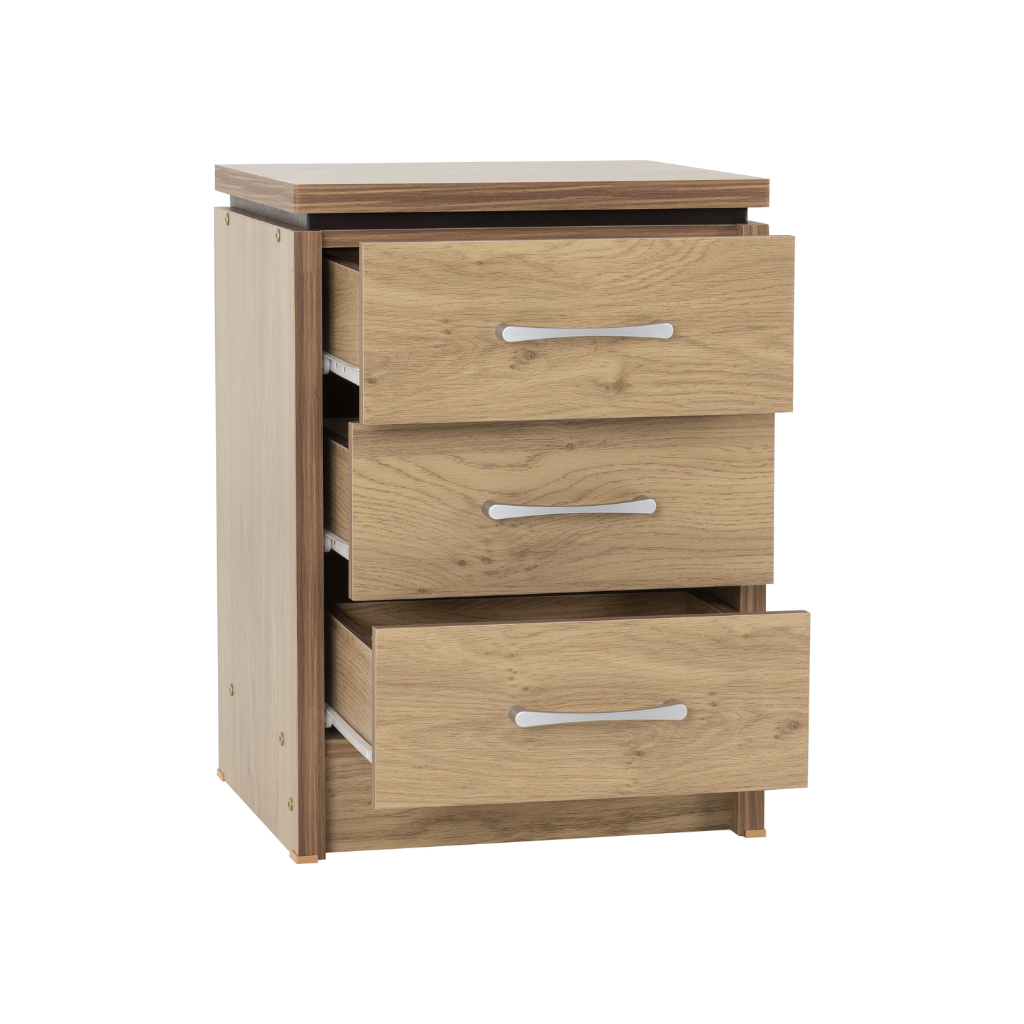 Charles 3 Drawer Bedside Chest in Oak Effect Veneer Walnut Trim