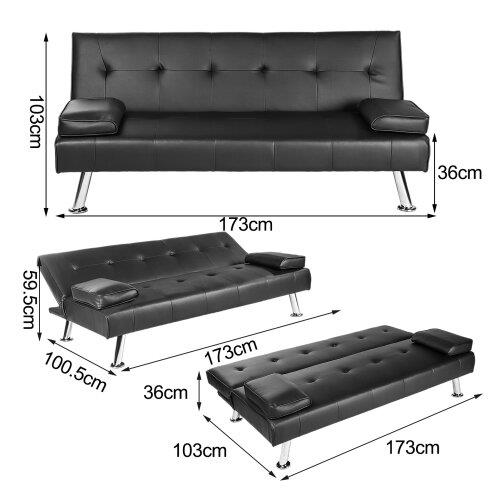3 Seater Sofa Bed Faux Leather Black (See Description)