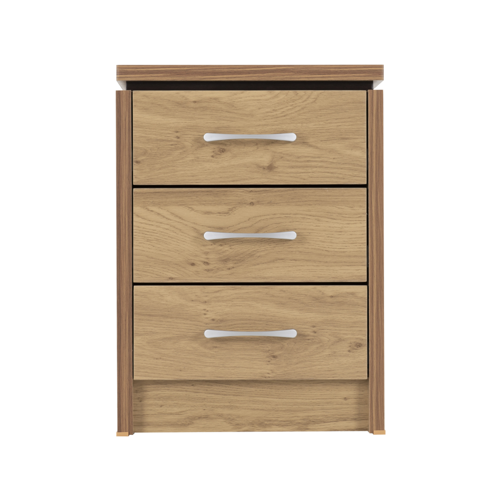 Charles 3 Drawer Bedside Chest in Oak Effect Veneer Walnut Trim