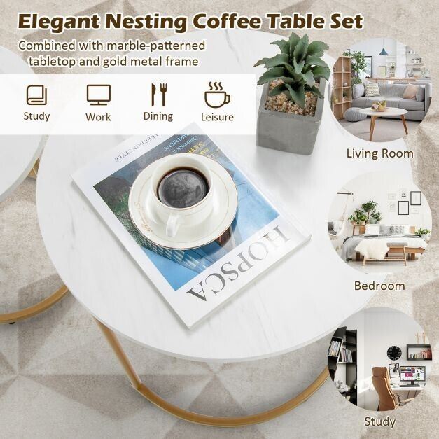 Set of 2 Nest of Tables White & Gold