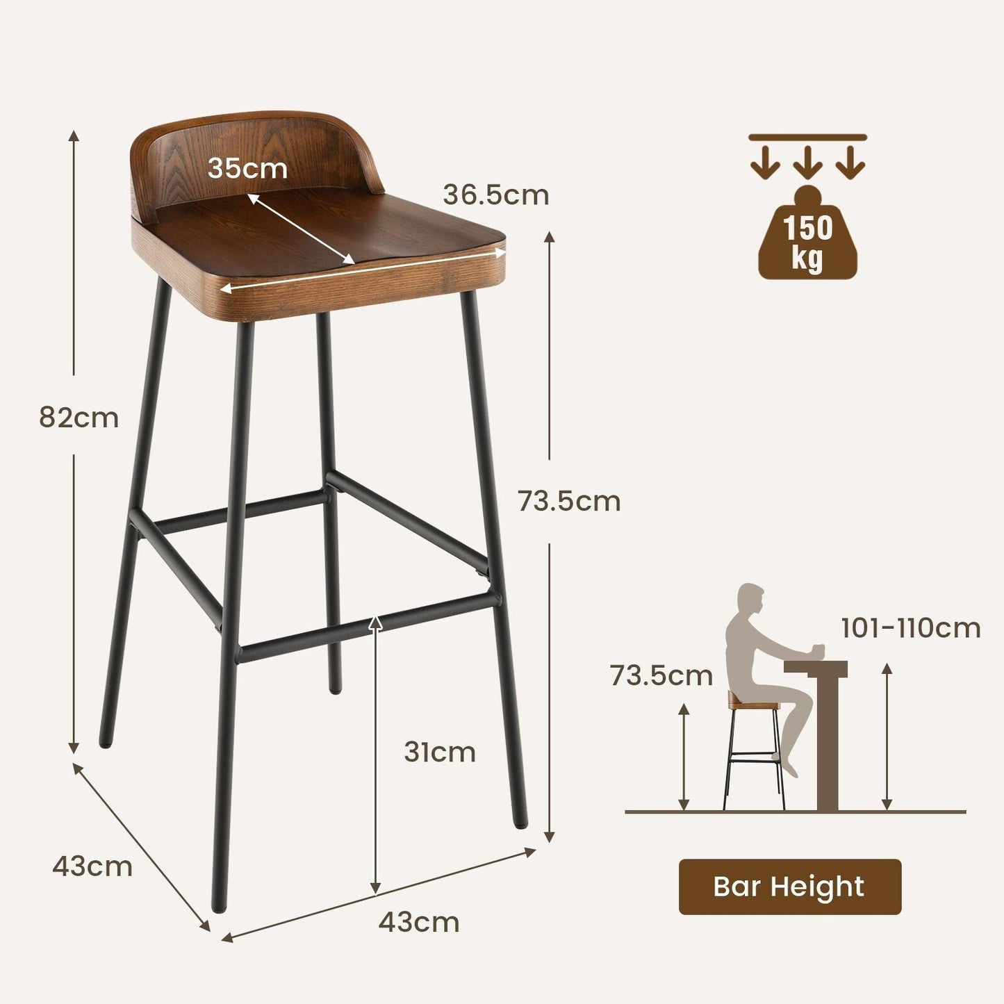 Set Of 2 Wooden Bar Stool