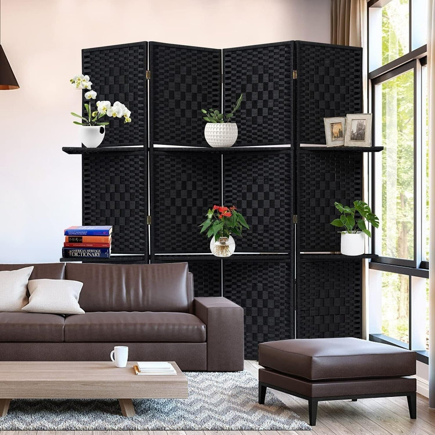Black 4 Panel Room Divider Privacy Screen Partition Rattan