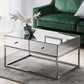 Mirrored Glass Coffee Table Chrome Frame 2 Drawer Living Room Furniture