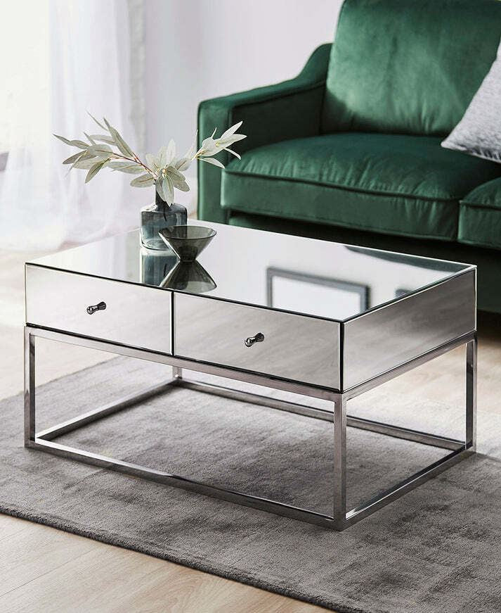 Mirrored Glass Coffee Table Chrome Frame 2 Drawer Living Room Furniture