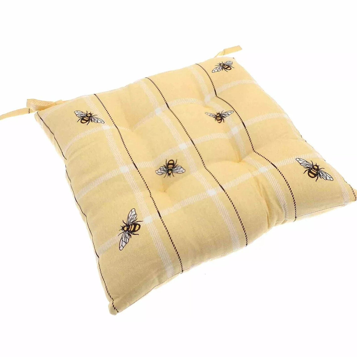 Square Cushion Bee Design Check - Yellow 38 x 38cm Kitchen Chair Seat Pad