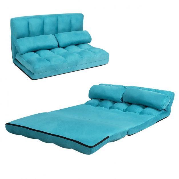Blue 2 in 1 Folding Floor Lazy Sofa Bed With 6 Adjustable Seat 2 Pillows