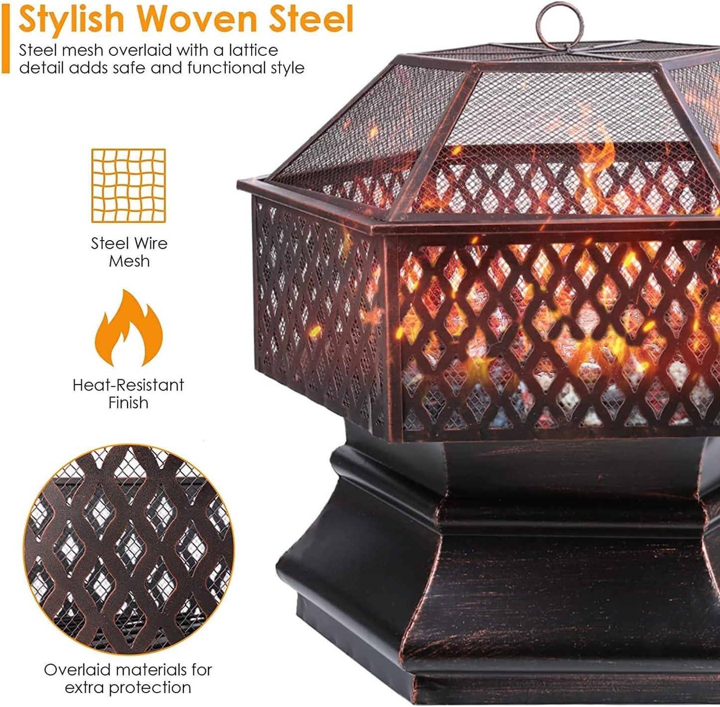 26" Hexagonal Fire Pit Rustic Outdoor Campfire Stoves with Protective Sheild