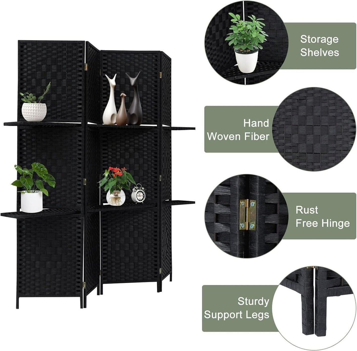 Black 4 Panel Room Divider Privacy Screen Partition Rattan