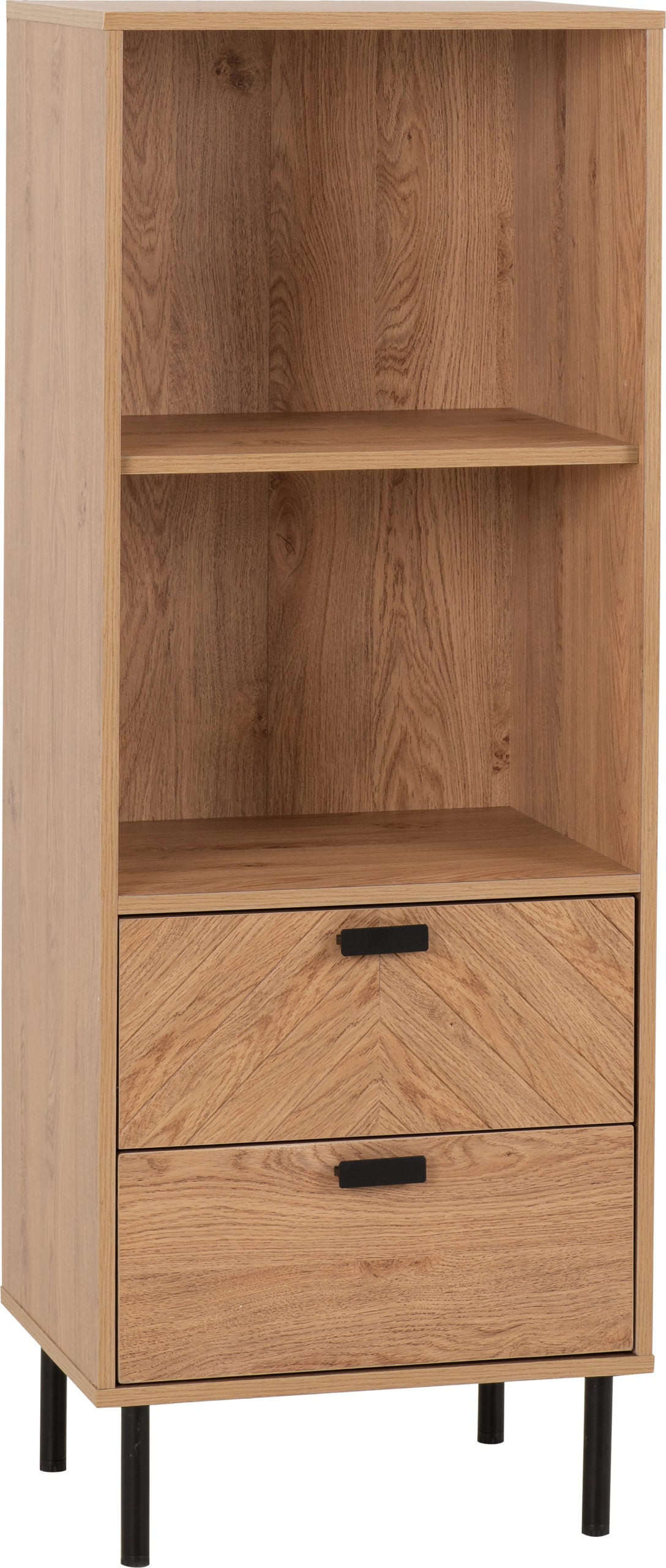 Leon 2 Drawer 2 Shelf Cabinet Medium Oak Effect Metal Legs
