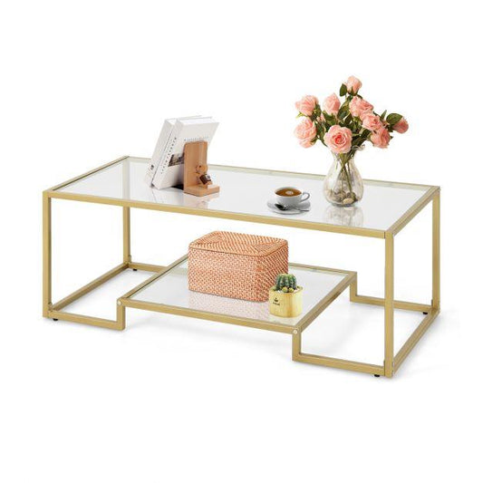 2-Tier Rectangle Tempered Glass Coffee Table with Steel Frame