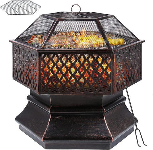 26" Hexagonal Fire Pit Rustic Outdoor Campfire Stoves with Protective Sheild