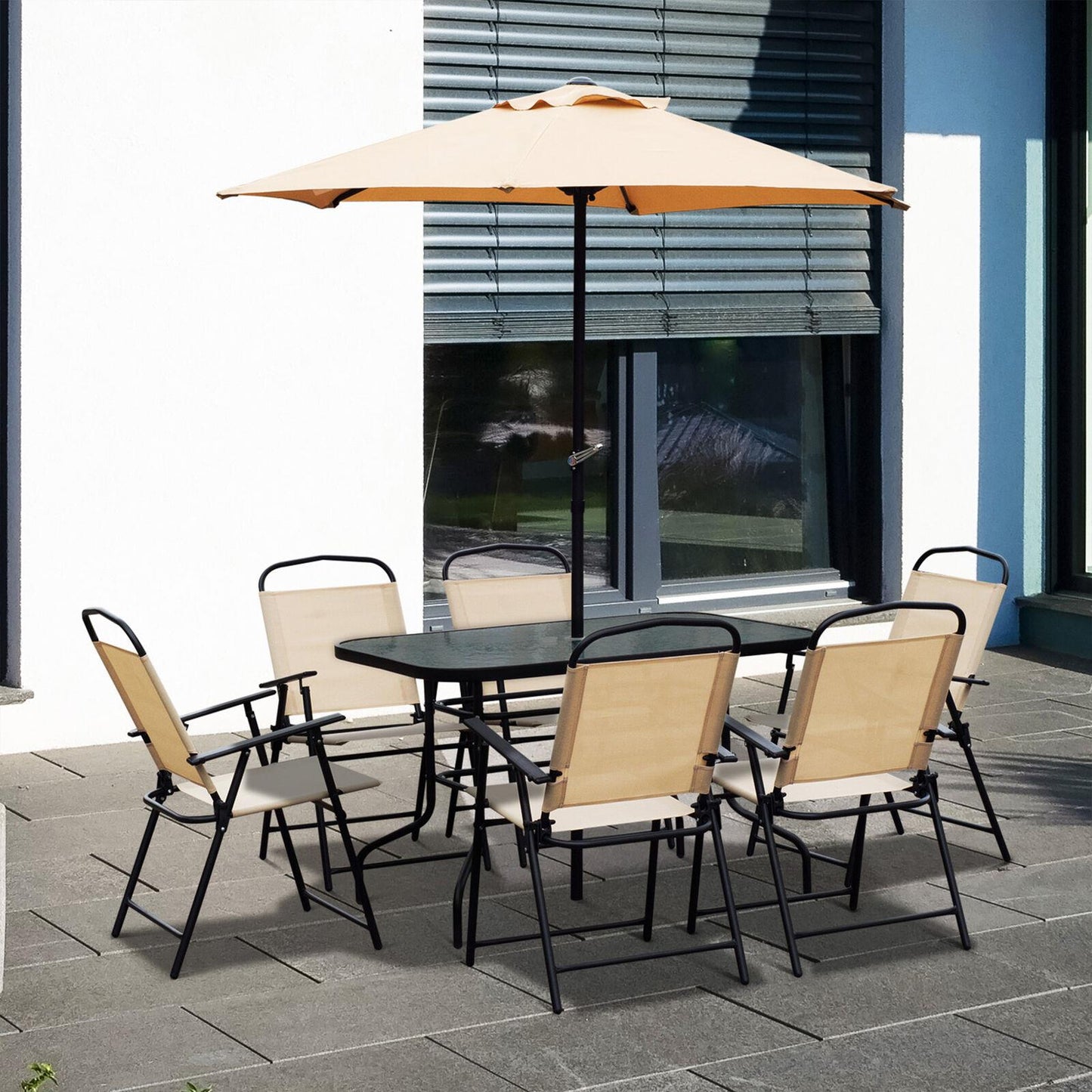 Beige 6 Seater Garden Set with Parasol & Table