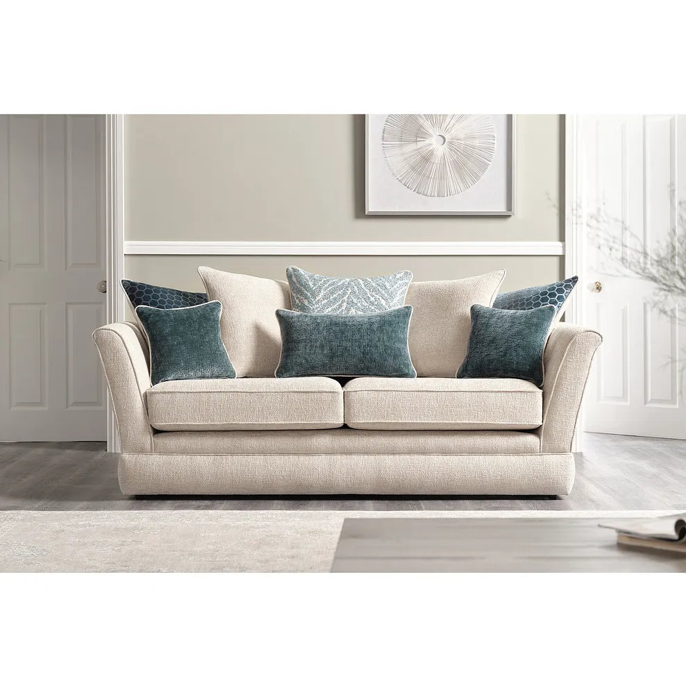 Oak Furnitureland Carrington 3 Seater Pillow Back Sofa Natural with Teal Fabric