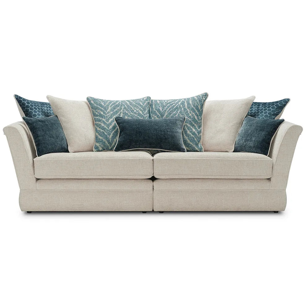 Oak Furnitureland Carrington 4 Seater Pillow Back Sofa Natural with Teal Fabric