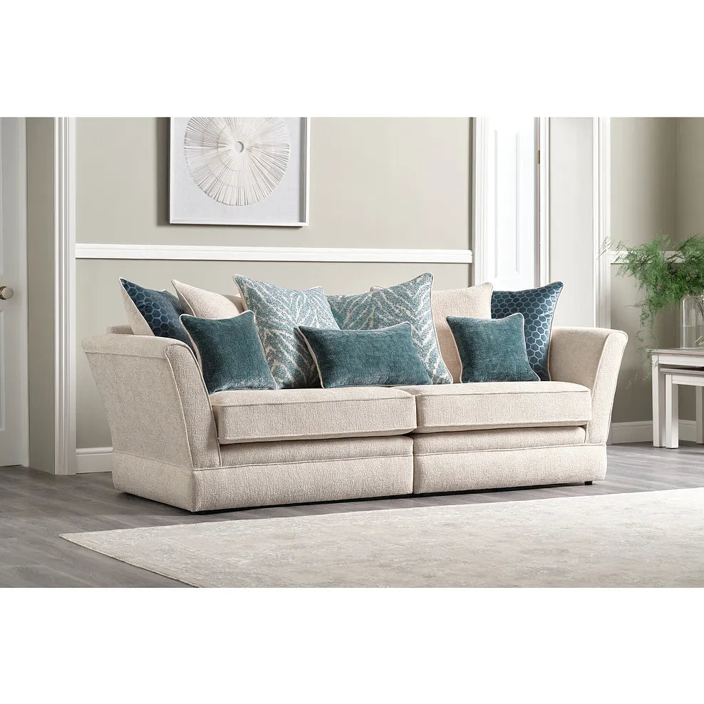 Oak Furnitureland Carrington 4 Seater Pillow Back Sofa Natural with Teal Fabric