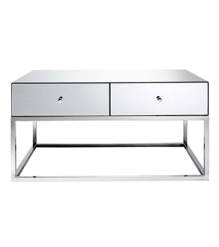 Mirrored Glass Coffee Table Chrome Frame 2 Drawer Living Room Furniture