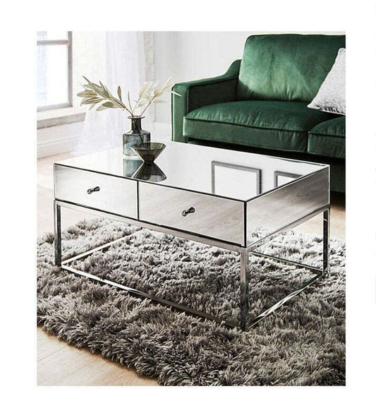 Mirrored Glass Coffee Table Chrome Frame 2 Drawer Living Room Furniture