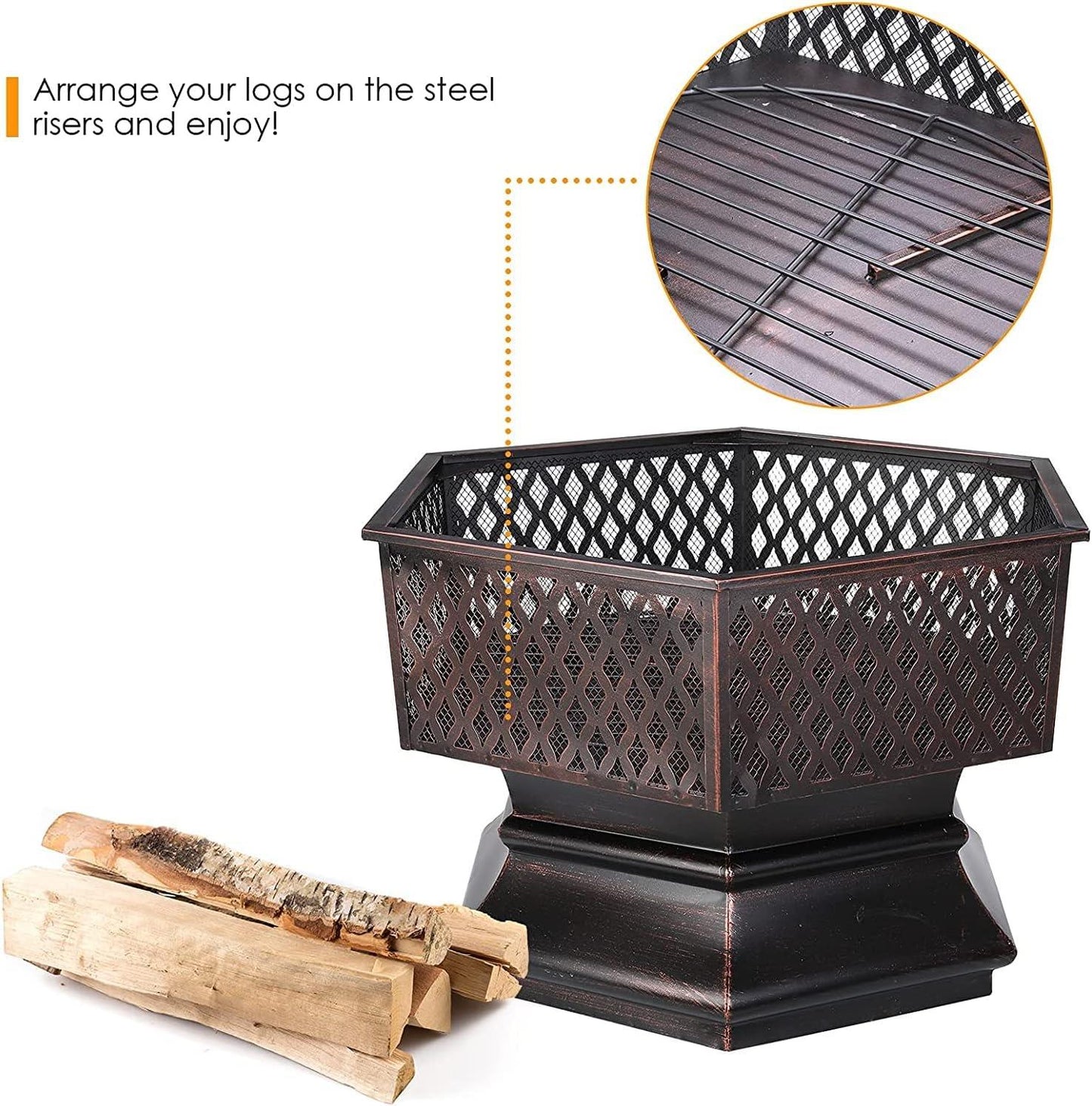 26" Hexagonal Fire Pit Rustic Outdoor Campfire Stoves with Protective Sheild