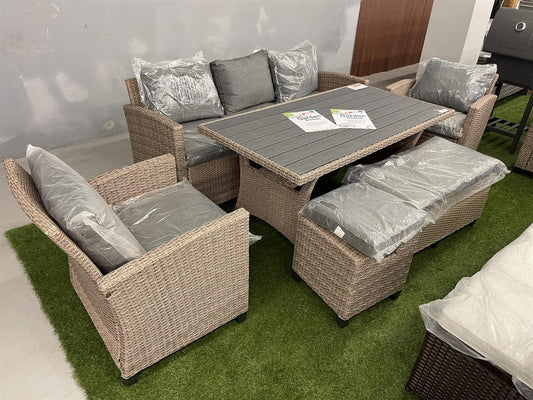 8 Seater Garden Rattan Set with Dining Table  & Grey Cushions